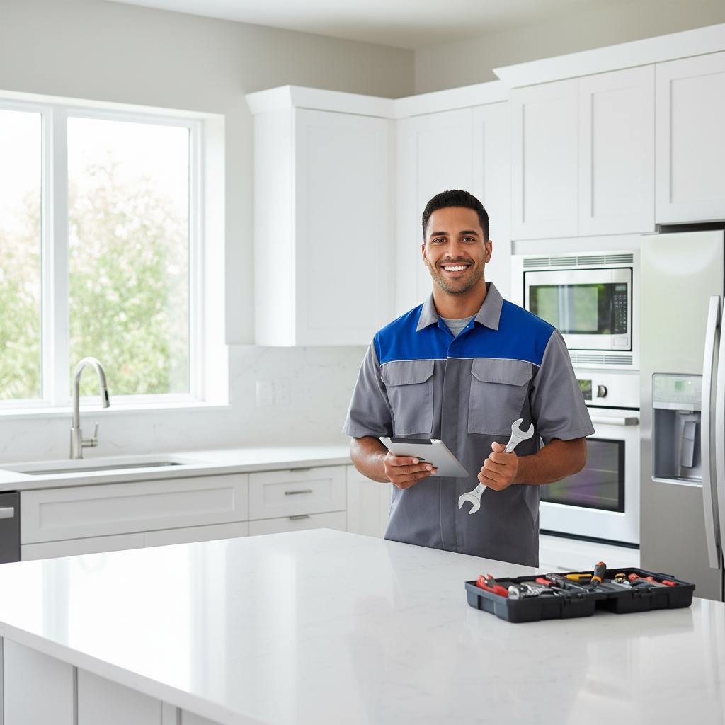 Smiling appliance repair technician standing in a modern kitchen