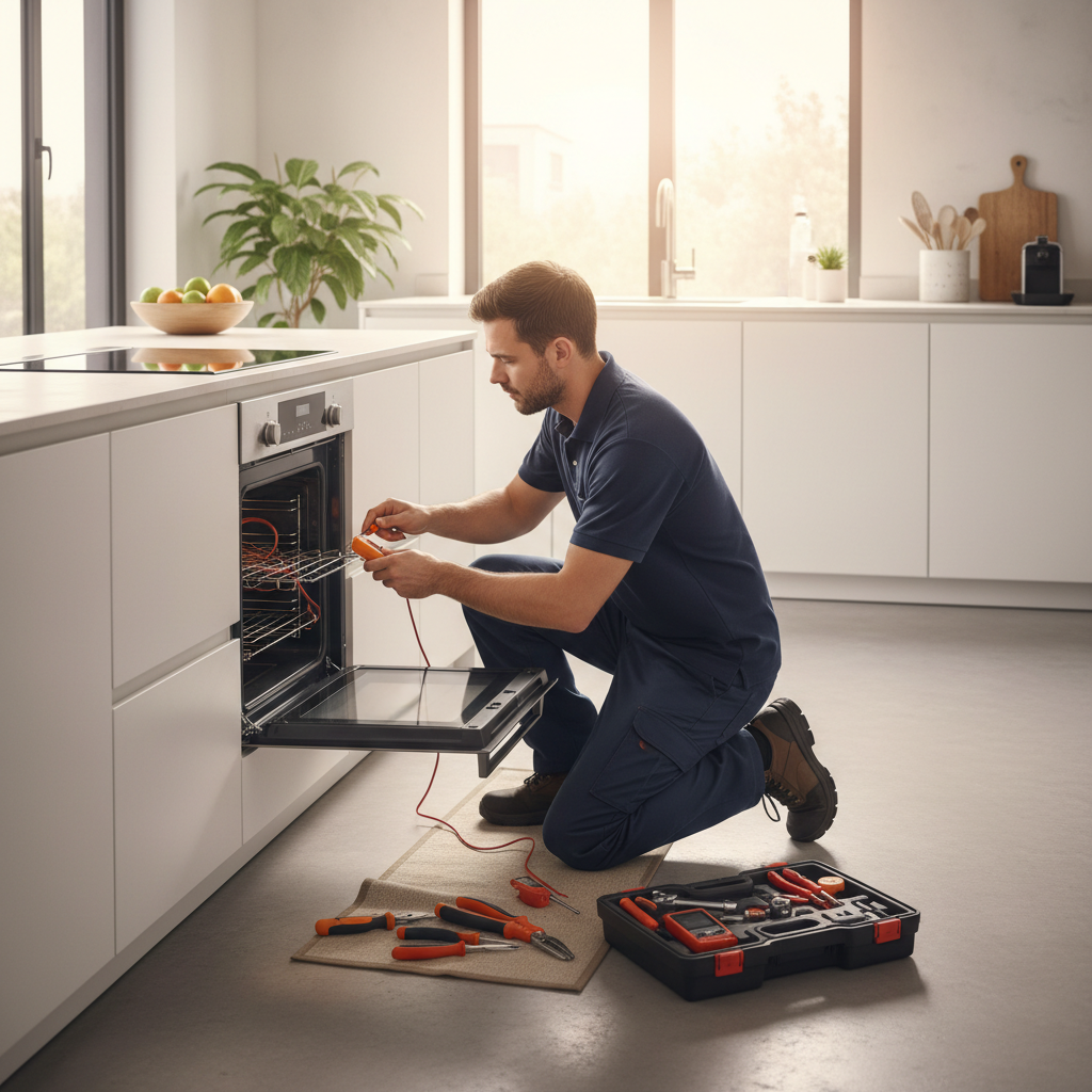 Technician repairing a built-in oven